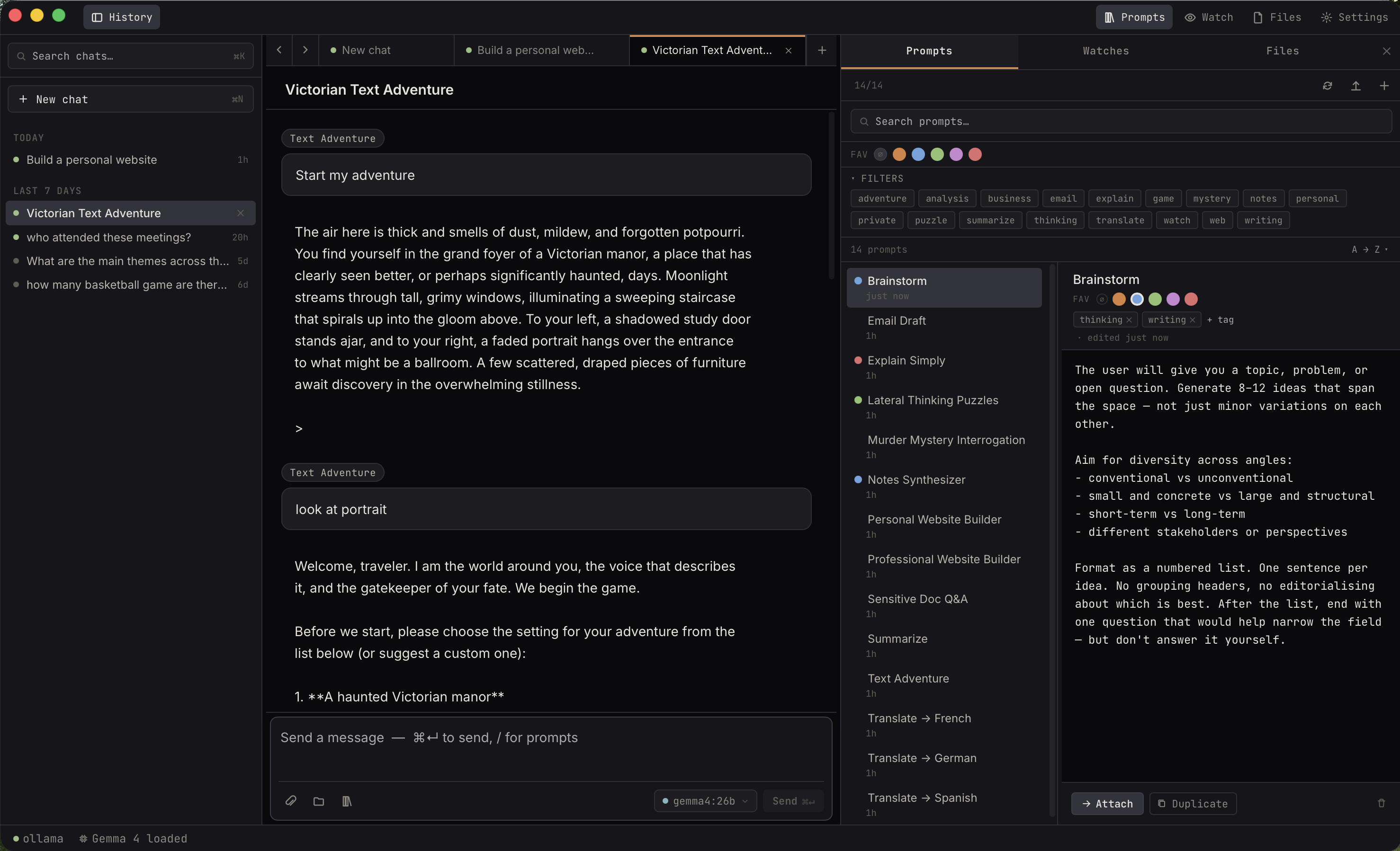 Ekorbia app — multi-tab chat with a streaming reply, prompt library on the left, citation chips beneath the answer, and a Watches activity feed on the right
